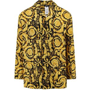 Versace, Overhemden, Heren, Geel, XL, Gouden Zijden Bowling Kraag Shirt
