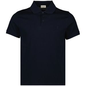 Saint Laurent, Tops, Heren, Blauw, L, Katoen, Leren Polo Shirt met Logo Borduursel