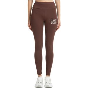 Emporio Armani Ea7, Broeken, Dames, Bruin, S, Katoen, Hoge Taille Legging met Logo Detail