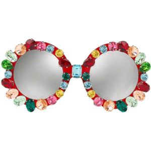 Dolce & Gabbana, Accessoires, Dames, Veelkleurig, ONE Size, Rode Ronde Frame Zonnebril Kristal Detail