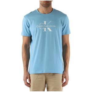 Calvin Klein Jeans, Tops, Heren, Blauw, S, Katoen, Katoen Logo Print Ronde Hals T-shirt