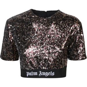 Palm Angels, Sequin Animalier Crop T-Shirt Bruin, Dames, Maat:XS