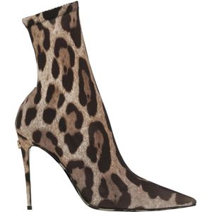 Dolce & Gabbana, Schoenen, Dames, Bruin, 37 EU, Leopard-Print Stretch Fabric Boot