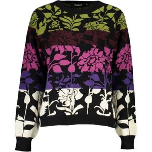 Desigual, Truien, Dames, Veelkleurig, M, Polyester, Zwarte Crew Neck Sweater met Contrastdetails