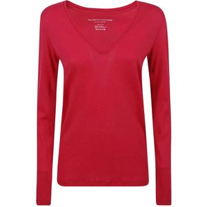 Majestic Filatures, Tops, Dames, Roze, S, Katoen, Slim Fit V-Hals T-Shirt in Fuchsia