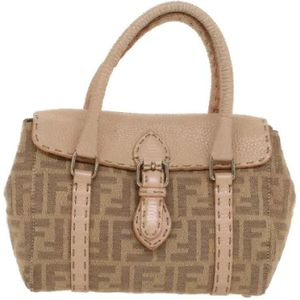 Fendi Vintage, Pre-owned, Dames, Beige, ONE Size, Tweed, Tweedehands Canvas handtassen