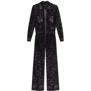 Dolce & Gabbana, Zwarte Kanten Jumpsuit met Satijnen Afwerking Zwart, Dames, Maat:S