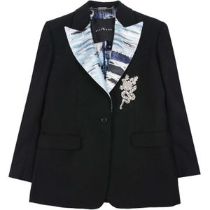 John Richmond, Blazer van 100% zuivere scheerwol met contrast revers Zwart, Dames, Maat:XS