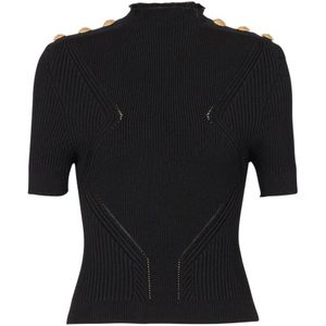 Balmain, Truien, Dames, Zwart, 2Xs, Polyester, Ribbed knit Coltrui