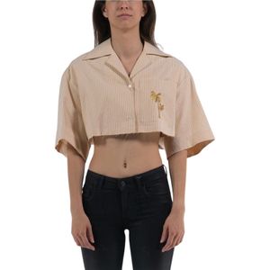 Palm Angels, Blouses & Shirts, Dames, Beige, S, Katoen, Cropped Bowling Shirt - Hoogwaardig Katoen