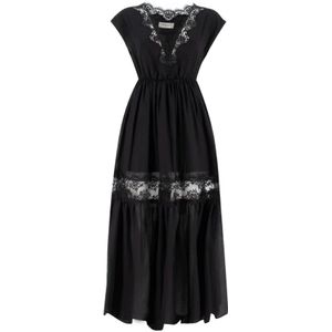Ermanno Scervino, Katoenen mouwloze jurk met kanten inzetstukken Zwart, Dames, Maat:S