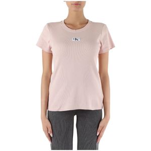 Calvin Klein Jeans, Tops, Dames, Roze, L, Katoen, Stretch Katoenen Geribbelde T-shirt