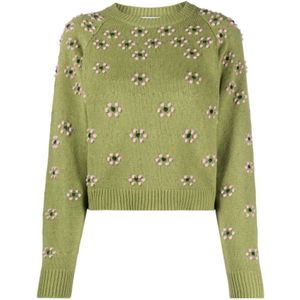 Kenzo, Groene Geborduurde Wollen Trui met Bloemen Groen, Dames, Maat:M