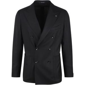 Tagliatore, Dubbelrijige blazer van stretch wol canvas Zwart, Heren, Maat:S