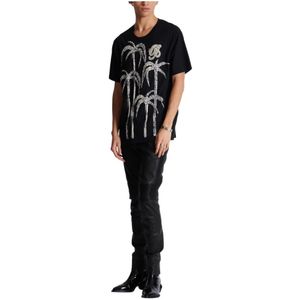 Balmain, Tops, Heren, Zwart, S, Katoen, Palmboom geborduurd T-shirt