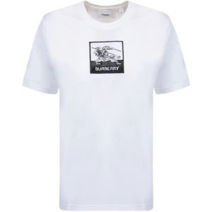 Burberry, Tops, Dames, Wit, S, Katoen, Wit Rondehals T-Shirt met Geborduurd Logo