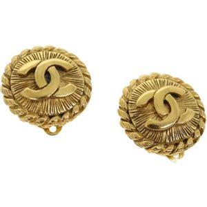Chanel Vintage, Pre-owned, Dames, Geel, ONE Size, Tweed, Tweedehands Gouden Metalen Chanel Oorbellen