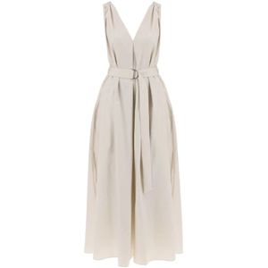 Brunello Cucinelli, Maxi Flared Jurk met Precious Schouder Beige, Dames, Maat:L