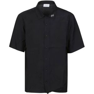 Family First, Overhemden, Heren, Zwart, S, Polyester, Zwarte Cupro korte mouw shirt