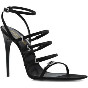 Saint Laurent, Schoenen, Dames, Zwart, 36 EU, Satijn, Zwarte Satijnen Kristal Sandalen