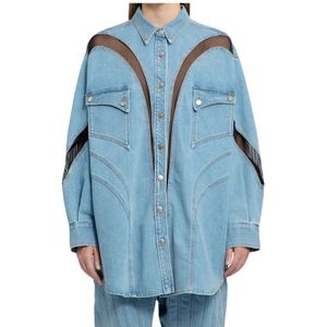 Mugler, Blauwe Denim Cowboy Overhemd met Kant Inzetstukken Blauw, Heren, Maat:M