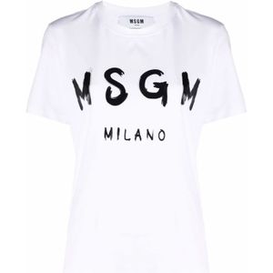 Msgm, Tops, Dames, Wit, L, Katoen, Logo-print Wit Katoenen T-shirt