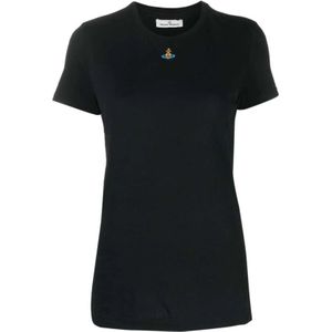 Vivienne Westwood, Navy Blue Jersey T-shirt met Handtekening Logo Borduursel Blauw, Dames, Maat:L