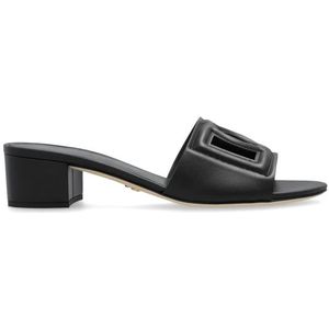 Dolce & Gabbana, Schoenen, Dames, Zwart, 40 EU, Leer, Leren hoge hakken slides