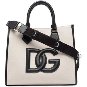 Dolce & Gabbana, Tassen, unisex, Wit, ONE Size, Katoen, Canvas Winkel Tas met Leren Details