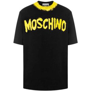 Moschino, Tops, Heren, Zwart, L, Katoen, Handgeschilderde Logo Print T-Shirt - Zwart