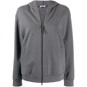 Brunello Cucinelli, Sweatshirts & Hoodies, Dames, Grijs, L, Katoen, Donkergrijze zip-through hoodie met messing details