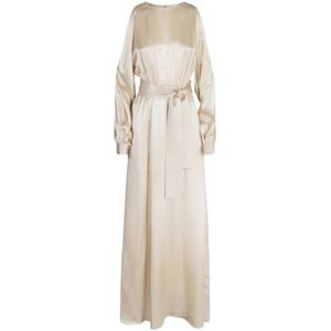 Eleventy, Kleedjes, Dames, Beige, 3Xs, Lange Zijden Jurk met Riem en Off-Shoulder