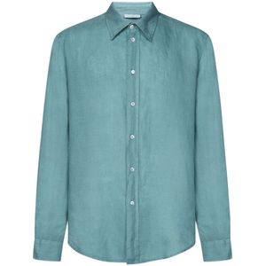 Malo, Turquoise Linnen Overhemd met Puntkraag Blauw, Heren, Maat:M
