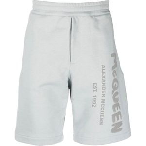 Alexander McQueen, Korte broeken, Heren, Grijs, M, Katoen, Grijze Jersey Fleece Shorts met Logo Print