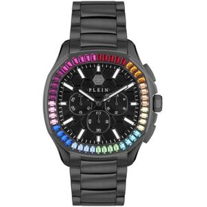 Philipp Plein, Regenboog Chrono Horloge met Kristallen Zwart, Heren, Maat:ONE Size