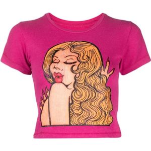 Erl, Tops, Dames, Roze, S, Katoen, Fuchsia T-shirt met korte mouwen en print op de voorkant