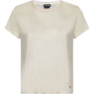 Tom Ford, Tops, Dames, Beige, S, Beige Zijden T-shirt met Gouden Logo