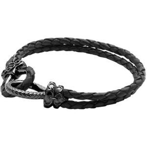 Nialaya, Men's Black Leather Bracelet with Black Rhodium Hook Clasp Zwart, Heren, Maat:S