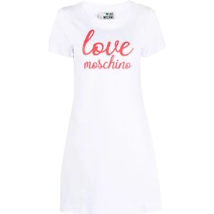 Love Moschino, Kleedjes, Dames, Wit, S, Katoen, Logo-Print Katoenen T-Shirt Jurk