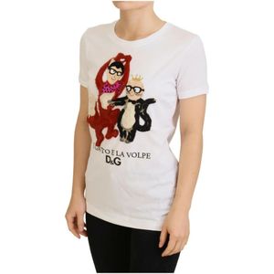 Dolce & Gabbana, Tops, Dames, Wit, XS, Katoen, Witte Gestructureerde T-shirt Korte Mouw