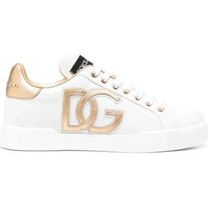 Dolce & Gabbana, Schoenen, Dames, Wit, 39 EU, Leer, DG-Versierde Lage Sneakers