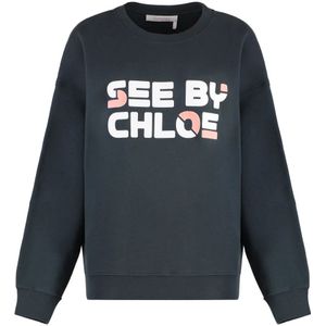 See by Chloé, Sweatshirts & Hoodies, Dames, Blauw, S, Katoen, Velvet Crew-neck Sweatshirt