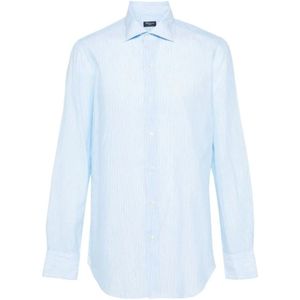 Finamore, Blauw-wit gestreept linnen-katoenen overhemd Blauw, Heren, Maat:XL