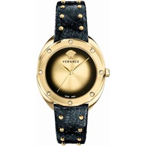 Versace, Accessoires, Dames, Veelkleurig, ONE Size, Zwart Lederen Goud Roestvrij Stalen Horloge