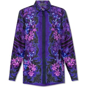 Versace, Zijden bedrukte blouse met Orchidea Barocco-print Paars, Dames, Maat:M