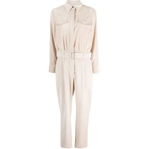 Brunello Cucinelli, Beige Corduroy Jumpsuit met Riem Beige, Dames, Maat:M