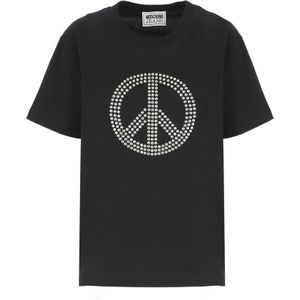 Moschino, Tops, Dames, Zwart, XL, Katoen, Zwarte katoenen T-shirt met Peace-logo