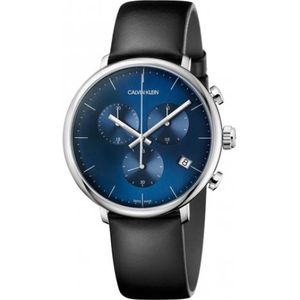Calvin Klein, High Noon Quartz Horloge met Blauwe Wijzerplaat en Leren Band Zwart, Dames, Maat:ONE Size