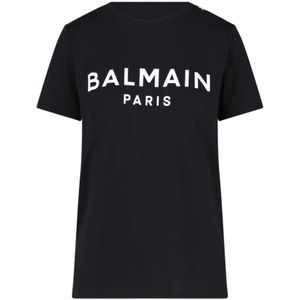 Balmain, Tops, Dames, Zwart, L, Katoen, Zwarte Biologisch Katoenen Logo T-shirt