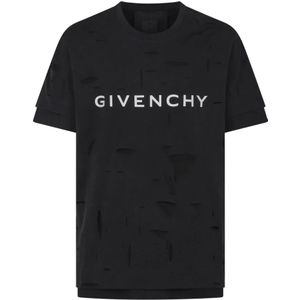 Givenchy, Tops, Heren, Zwart, M, Katoen, Vernietigde Klassieke Pasvorm Gaten T-Shirt